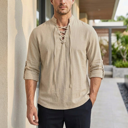 Relaxed Fit Lace-Up Stand Collar Henley Shirt for Men – Comfortable Casual Style