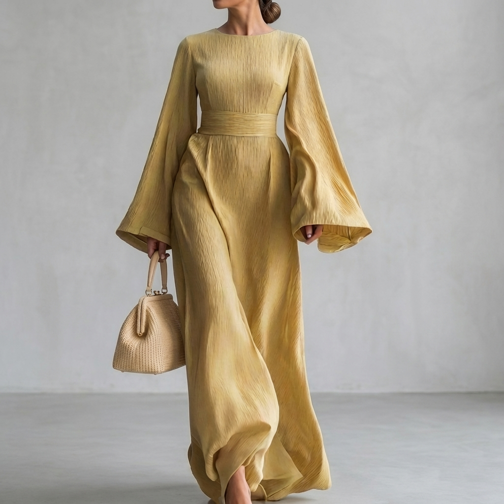 Pleated Bell Sleeve Maxi Dress for Women – Graceful Elegance & Timeless Style