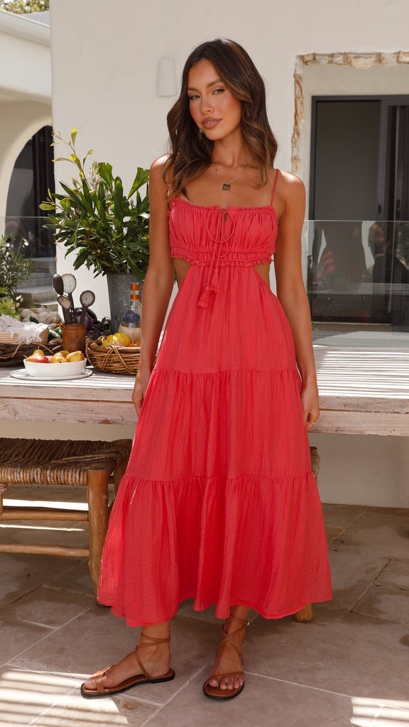 Women's Maxi Dress - Adjustable Straps - Flowy Skirt - Cutout Details - Light and Breathable