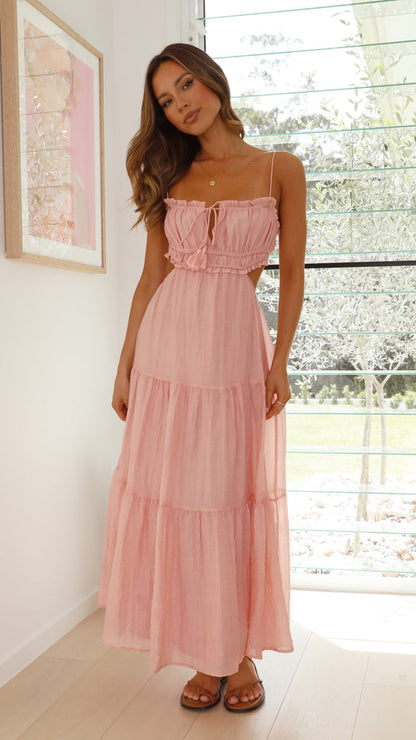 Women's Maxi Dress - Adjustable Straps - Flowy Skirt - Cutout Details - Light and Breathable