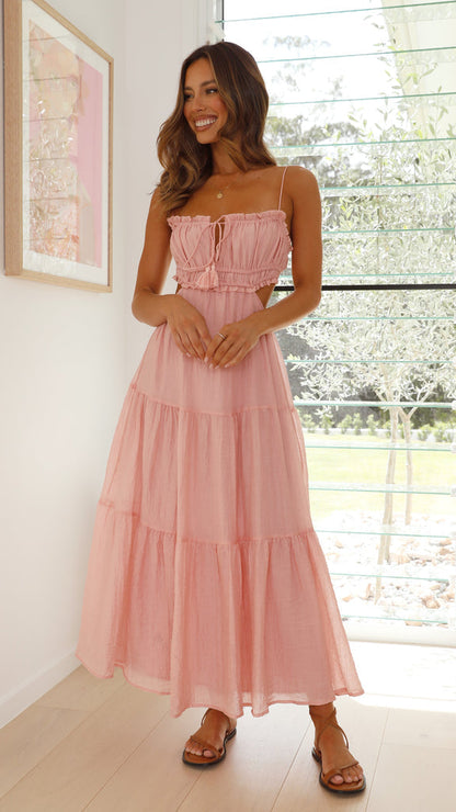Women's Maxi Dress - Adjustable Straps - Flowy Skirt - Cutout Details - Light and Breathable