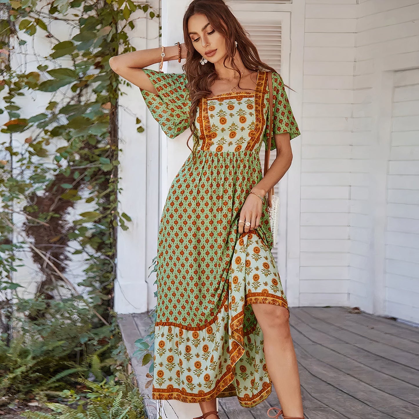 Women's Maxi Dress - Bohemian Style - Short Ruffle Sleeves - Floral & Geometric Pattern