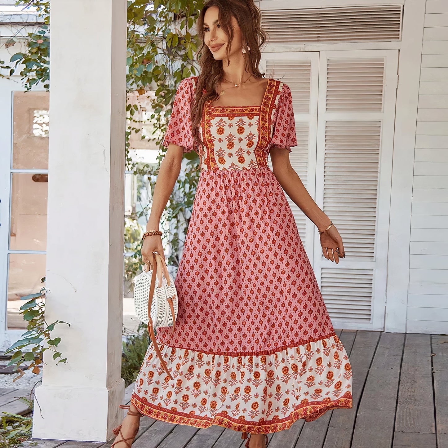 Women's Maxi Dress - Bohemian Style - Short Ruffle Sleeves - Floral & Geometric Pattern