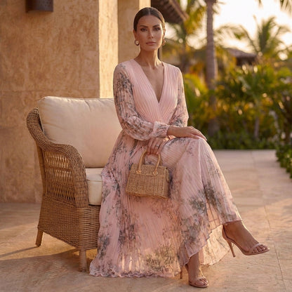 Pleated Belted A-Line Maxi Dress for Women – Elegant Floral Style