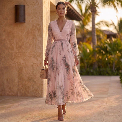 Pleated Belted A-Line Maxi Dress for Women – Elegant Floral Style