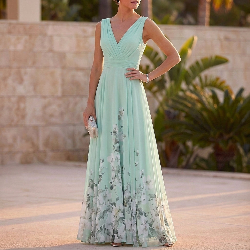 High-Waisted Pleated A-Line Maxi Dress for Women – Elegant Floral Style