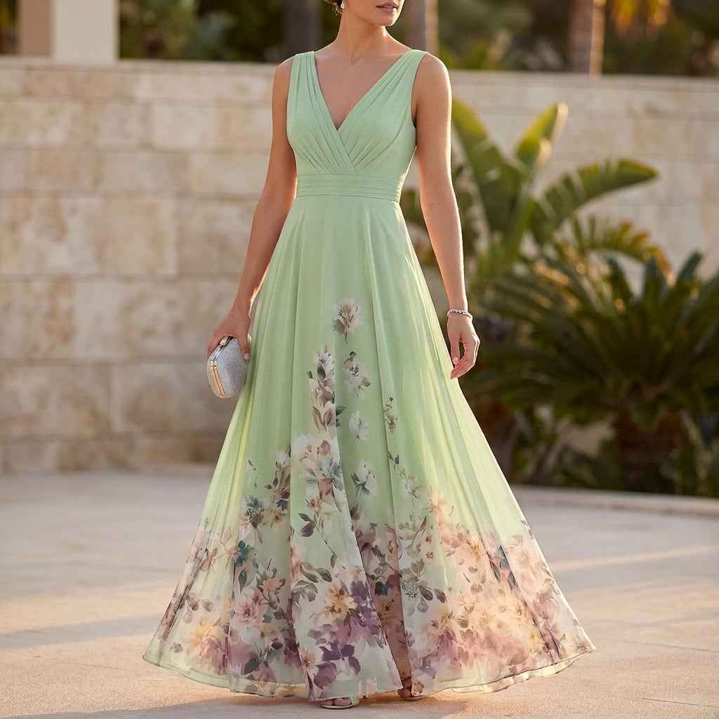 High-Waisted Pleated A-Line Maxi Dress for Women – Elegant Floral Style