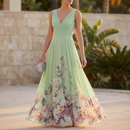 High-Waisted Pleated A-Line Maxi Dress for Women – Elegant Floral Style