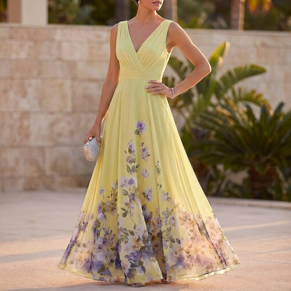 High-Waisted Pleated A-Line Maxi Dress for Women – Elegant Floral Style