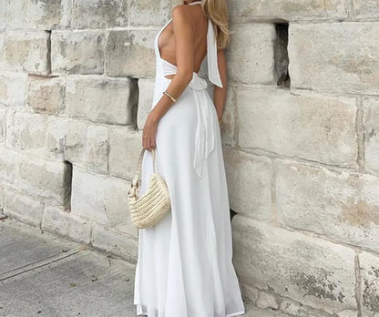 Women Halterneck Maxi Dress - Elegant Fit - High Slit - Flowing Fabric
