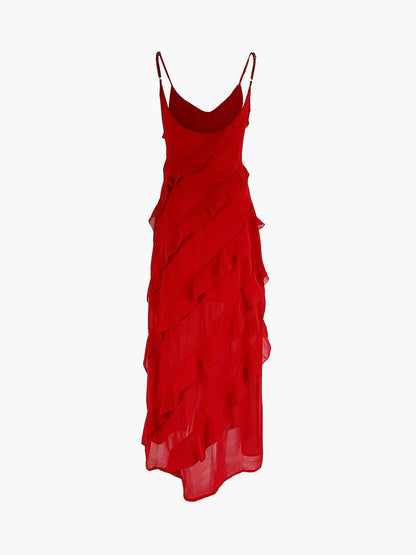 Women's Evening Dress - Long Flowy Silhouette - Spaghetti Straps - Elegant with Ruffle Details