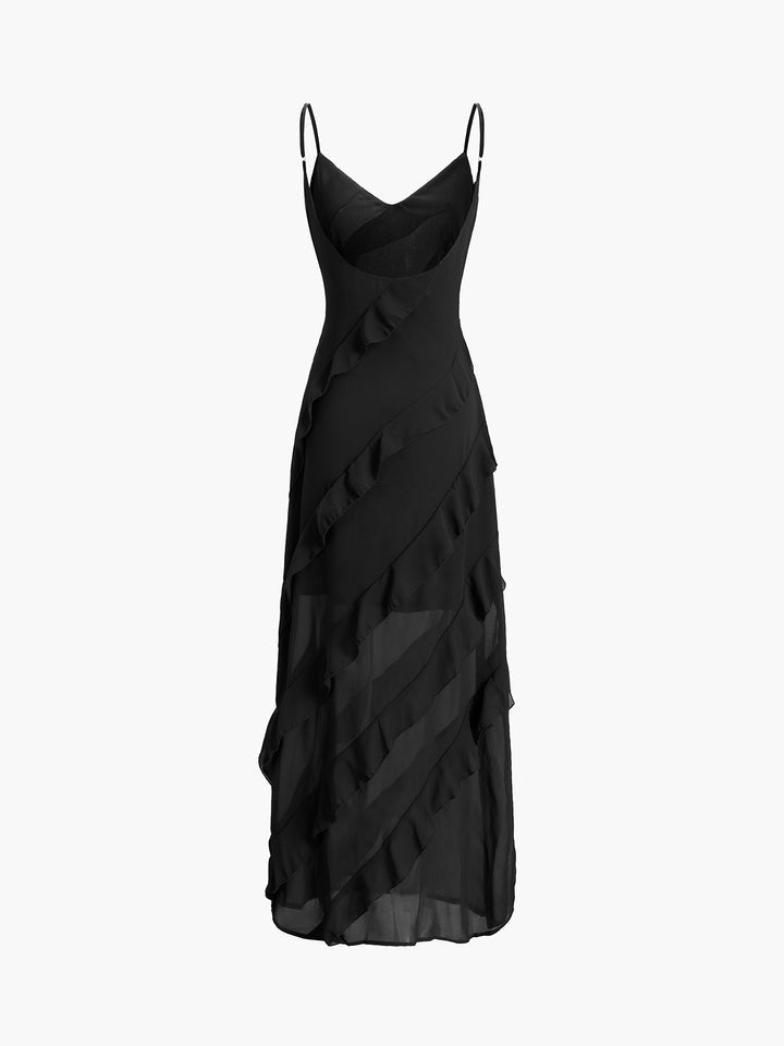 Women's Evening Dress - Long Flowy Silhouette - Spaghetti Straps - Elegant with Ruffle Details