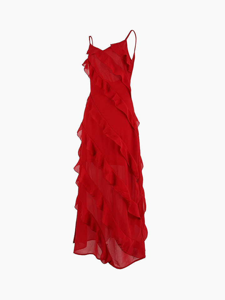 Women's Evening Dress - Long Flowy Silhouette - Spaghetti Straps - Elegant with Ruffle Details