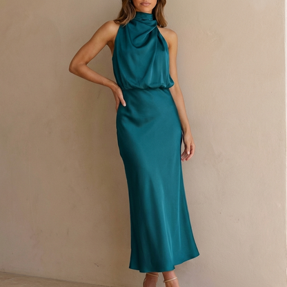 Draped Twisted Neck Blouson A-Line Maxi Dress for Women – Elegant Formal Style
