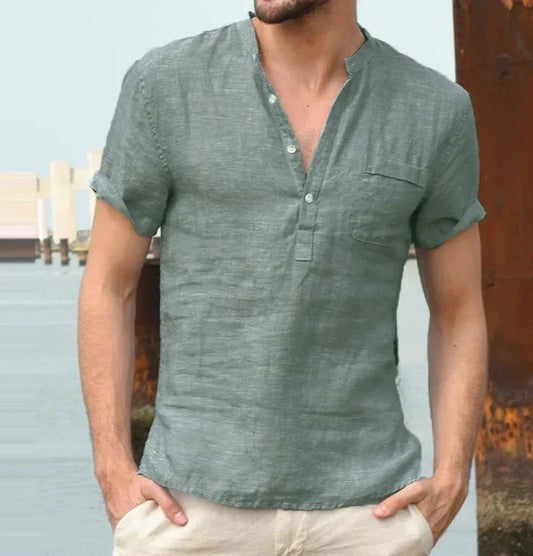 Men's Shirt – Short Sleeve – Natural Fibers – Regular Fit – Band Collar – Chest Pocket