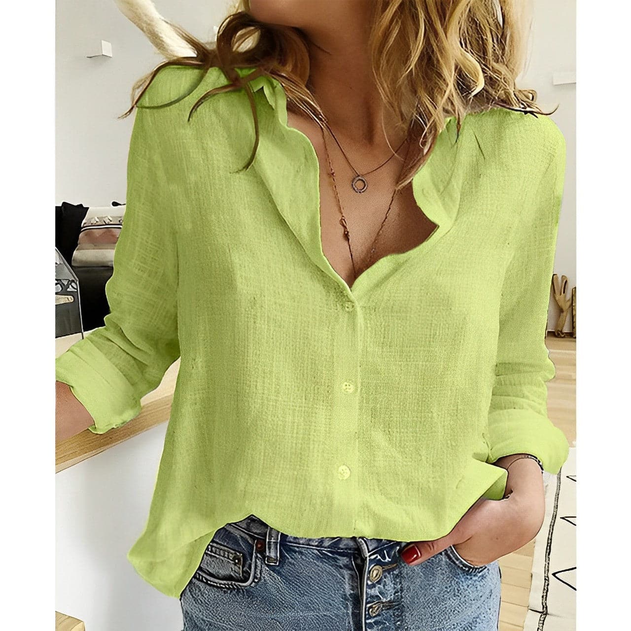 Women's Shirt - Lightweight Breathable - Button Closure Classic Collar - Loose Fit