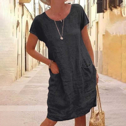 Women's Dress – Relaxed Fit – Natural Fibers – Short Sleeves – With Pockets