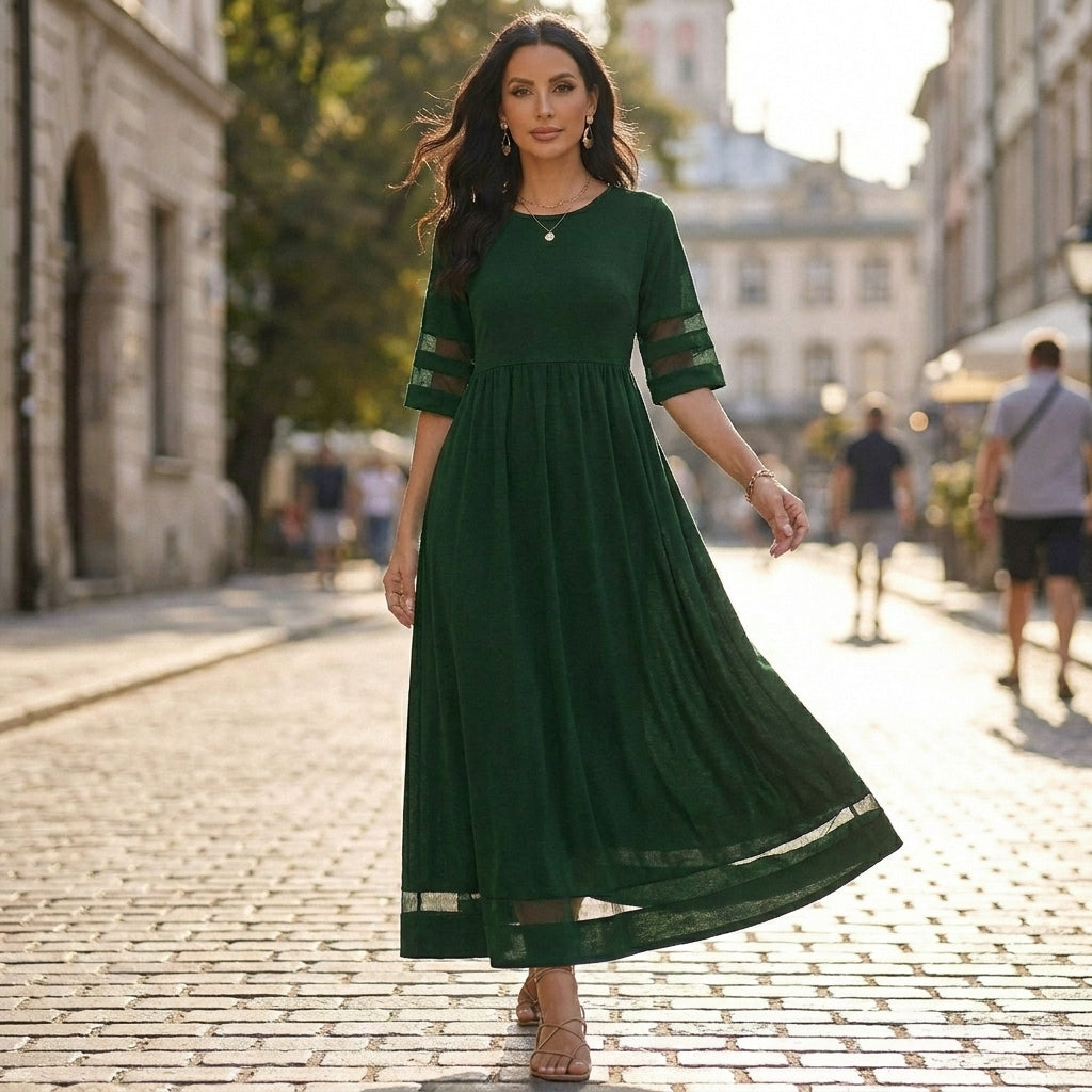 Sheer Panel Gathered Waist A-Line Maxi Dress for Women – Elegant Casual Comfort