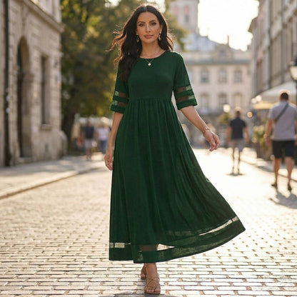 Sheer Panel Gathered Waist A-Line Maxi Dress for Women – Elegant Casual Comfort