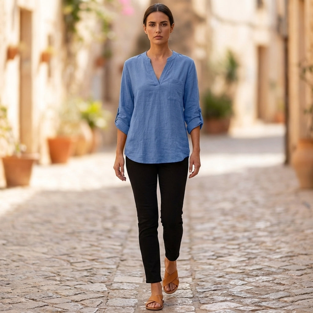 Loose Fit Tunic-Length V-Neck Shirt for Women – Comfortable Casual Style