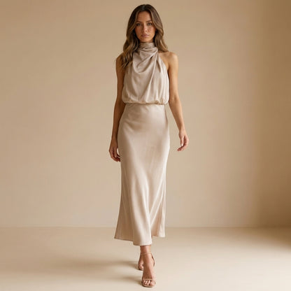 Draped Twisted Neck Blouson A-Line Maxi Dress for Women – Elegant Formal Style