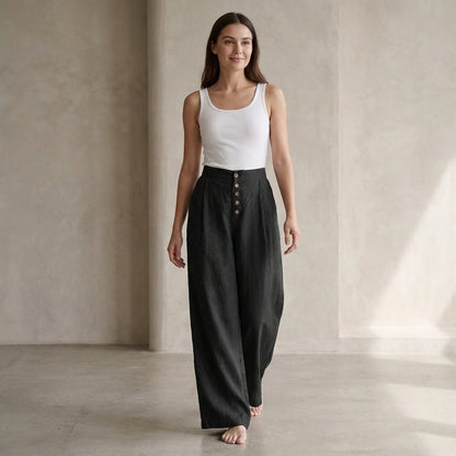 Pleated Button Front Wide-Leg Pants for Women – Stylish & Comfortable Design