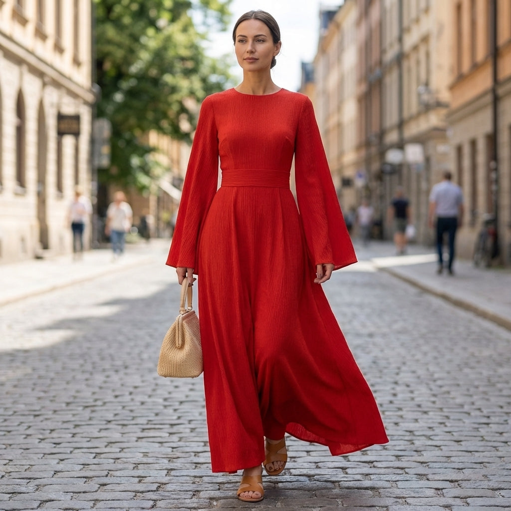 Pleated Bell Sleeve Maxi Dress for Women – Graceful Elegance & Timeless Style