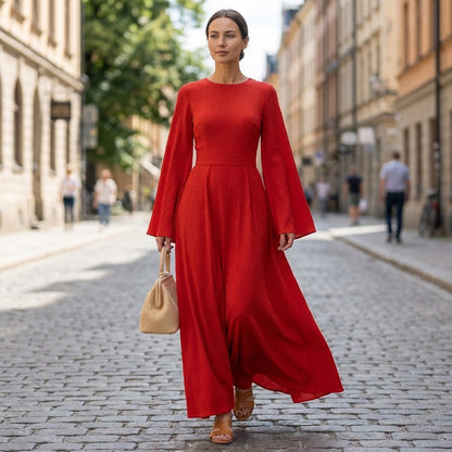 Pleated Bell Sleeve Maxi Dress for Women – Graceful Elegance & Timeless Style