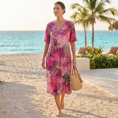 Printed V-Neck Midi Dress for Women – Effortless Comfort & Everyday Elegance