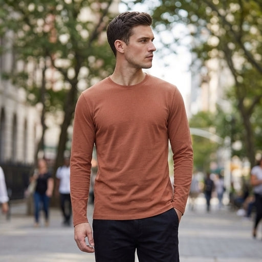 Regular Fit Solid Crewneck Long Sleeve T-Shirt for Men – Classic Casual Comfort