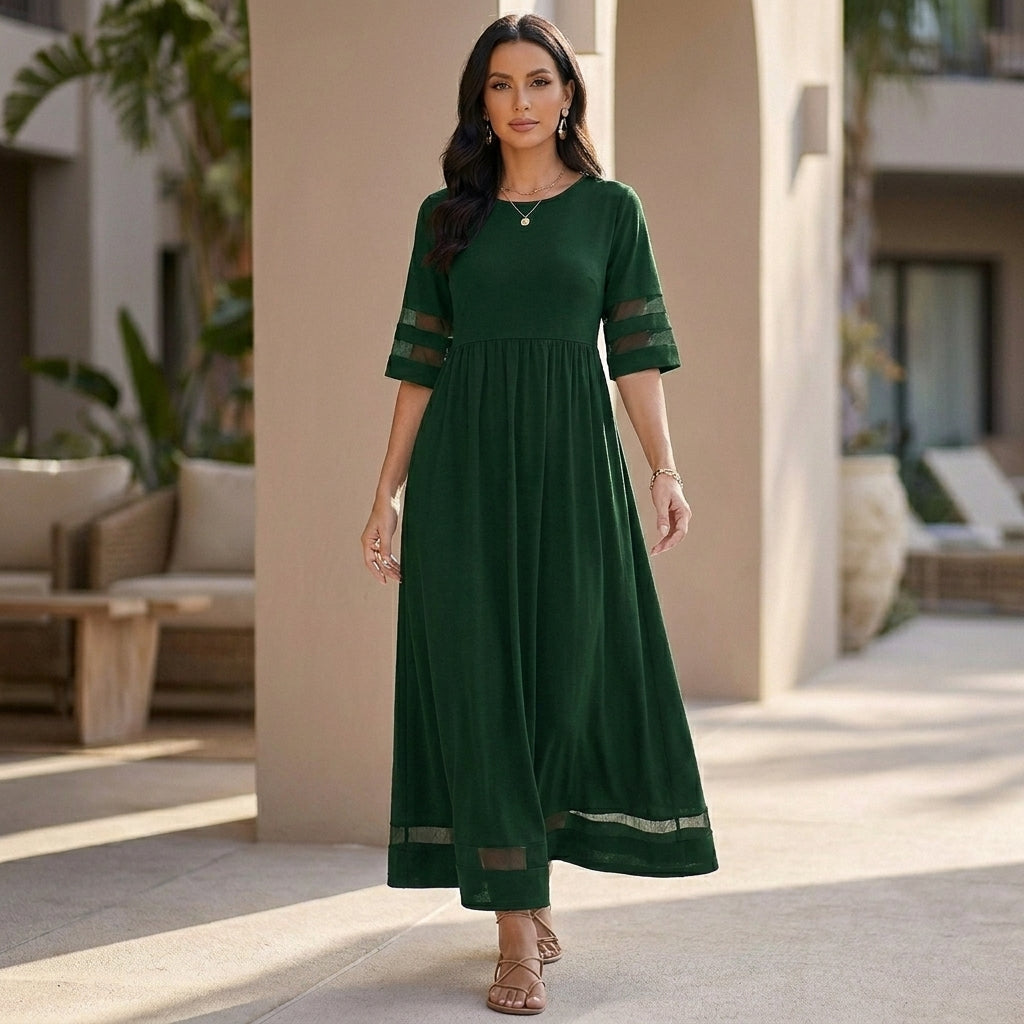 Sheer Panel Gathered Waist A-Line Maxi Dress for Women – Elegant Casual Comfort