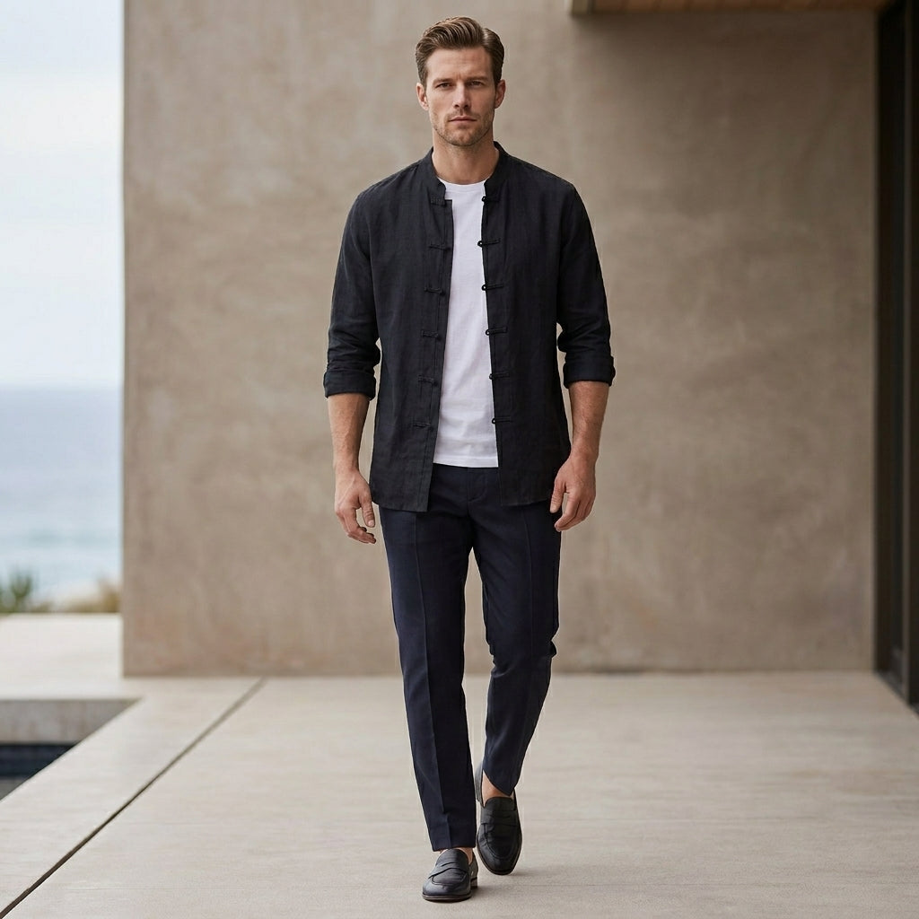 Relaxed Fit Band Collar Shirt for Men – Casual Comfort & Style
