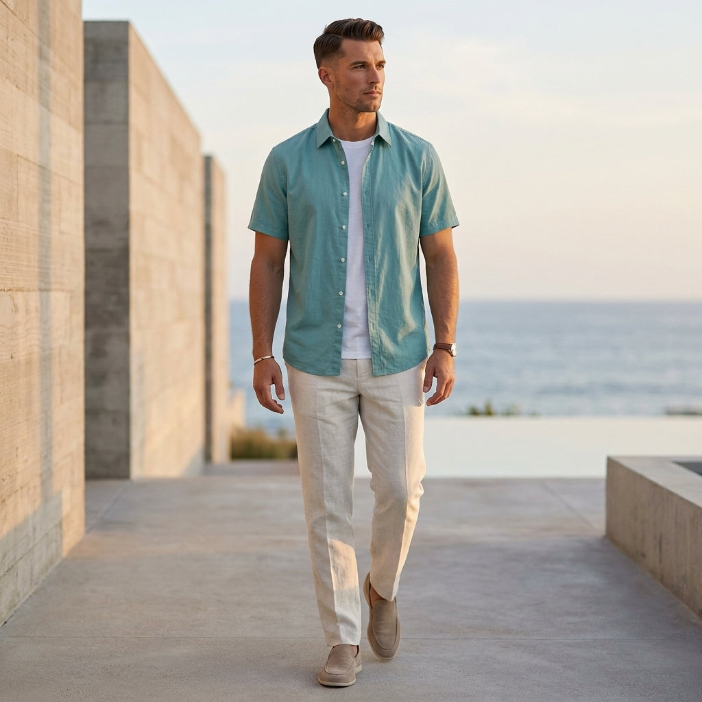 Relaxed Fit Collared Short Sleeve Button-Up Shirt for Men – Casual Comfort & Style