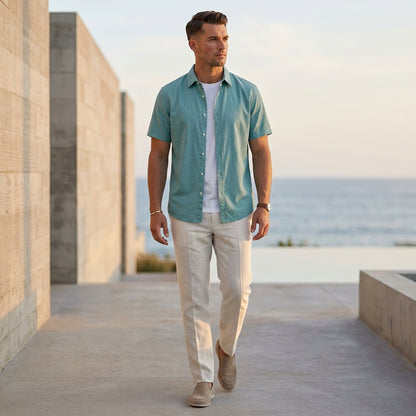 Relaxed Fit Collared Short Sleeve Button-Up Shirt for Men – Casual Comfort & Style