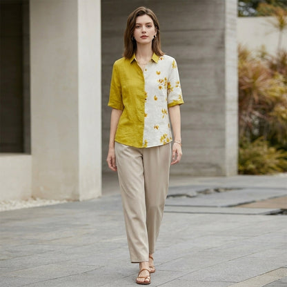 Two-Tone Leaf Print Relaxed Fit Blouse for Women – Stylish & Breathable Comfort