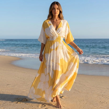 Floral Smocked Waist Wrap Front Midi Dress for Women – Elegant Casual Comfort