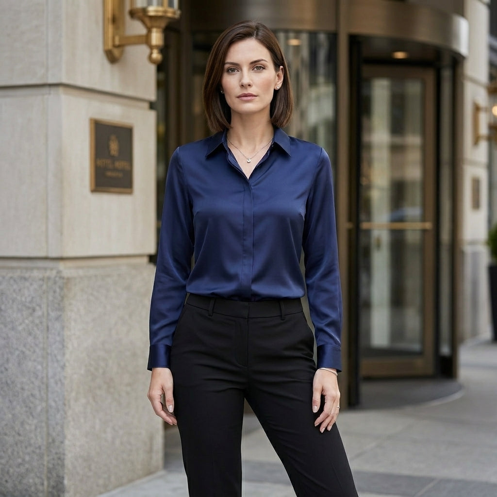 Elegant Satin Button-Up Blouse for Women – Sophisticated Office Style