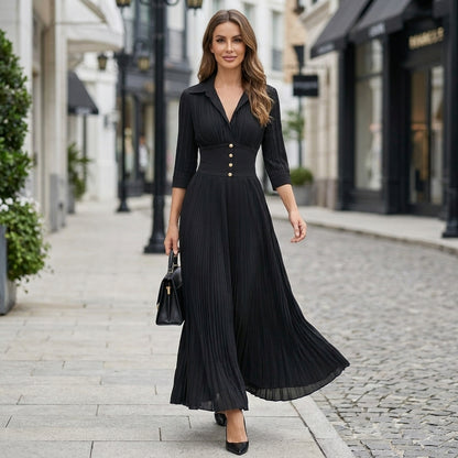 Pleated Button Front Corset Waist Fitted Waist A-Line Maxi Dress for Women – Elegant Semi-Formal Style