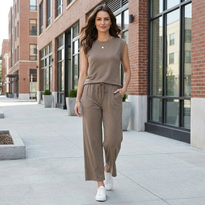 Relaxed Fit Sleeveless Top & Wide Leg Pants Set for Women – Effortless Everyday Style