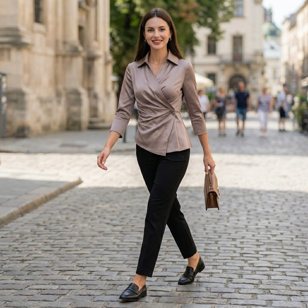 Tailored Fit Buttoned Pleated Blouse for Women – Stylish & Comfortable Design