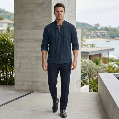 Relaxed Fit Lace-Up Stand Collar Henley Shirt for Men – Comfortable Casual Style