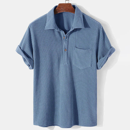 Men's Polo Shirt - Ribbed Texture - Button Closure - Short Sleeve - Chest Pocket