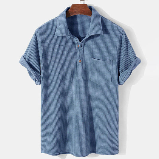 Men's Polo Shirt - Ribbed Texture - Button Closure - Short Sleeve - Chest Pocket