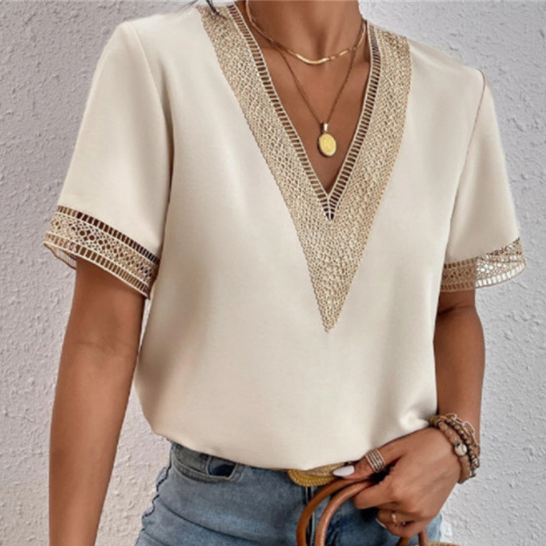 Women's T-shirt - V-neck with Lace - Short-sleeved Loose Fit - Elegant & Comfortable