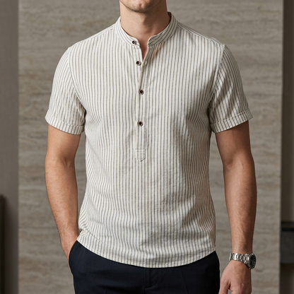 Relaxed Fit Striped Band Collar Shirt for Men – Casual Stylish Comfort