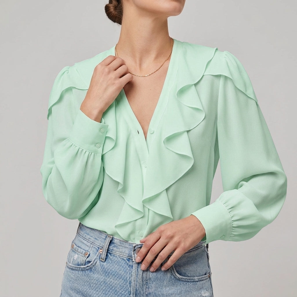 Layered Ruffle V-Neck Blouse for Women – Chic Feminine Elegance