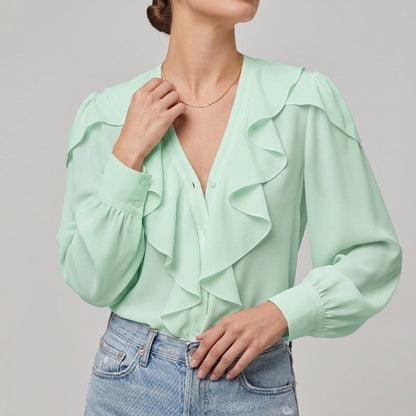 Layered Ruffle V-Neck Blouse for Women – Chic Feminine Elegance