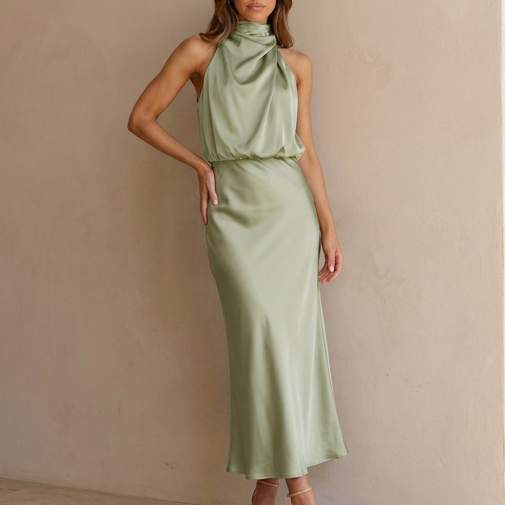 Draped Twisted Neck Blouson A-Line Maxi Dress for Women – Elegant Formal Style