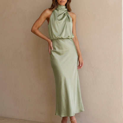Draped Twisted Neck Blouson A-Line Maxi Dress for Women – Elegant Formal Style
