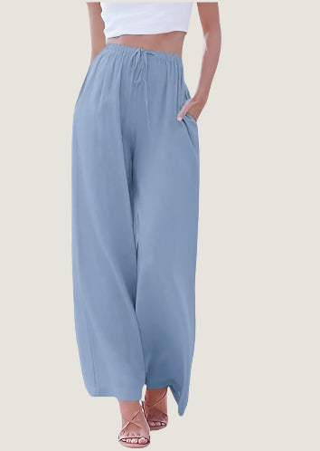 Women's Trousers – Wide Fit – Linen Blend – Drawstring Closure – With Side Pockets